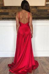 Long Red Satin Prom Dress with V-Neck and Slit Sheath