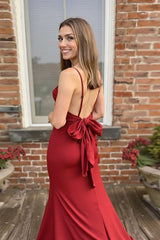 Long Red Satin Prom Dress with Mermaid Silhouette and Spaghetti Straps Featuring a Bow