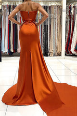 Long Orange Mermaid Prom Dress with Sweetheart Neckline and Satin Train