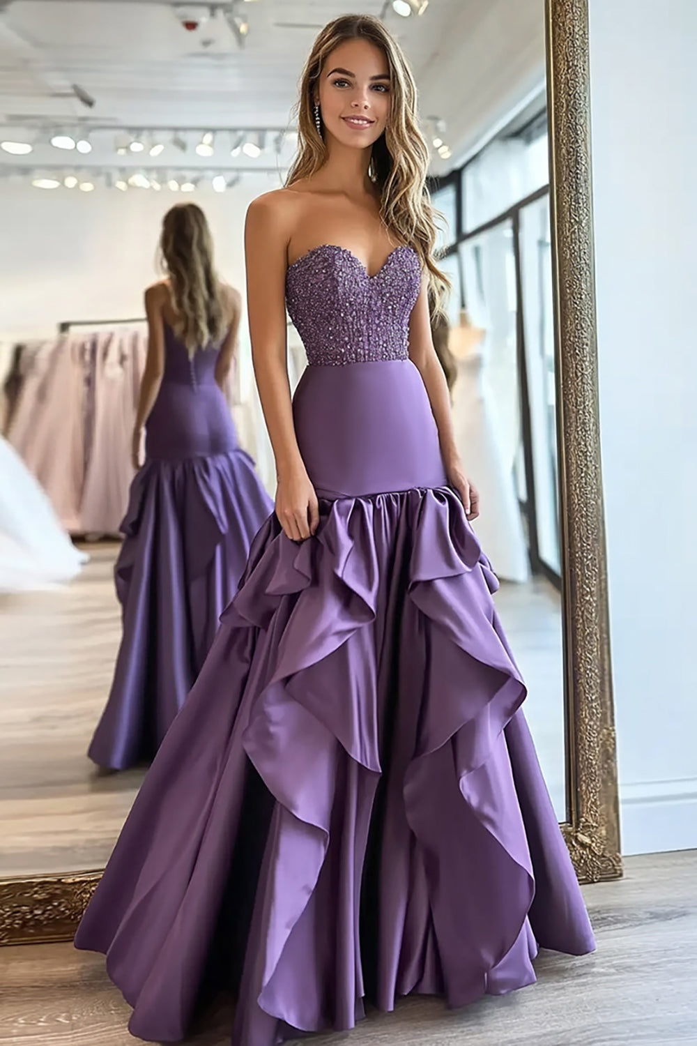Sweetheart Long Prom Dress in Plum Mermaid Satin with Appliques