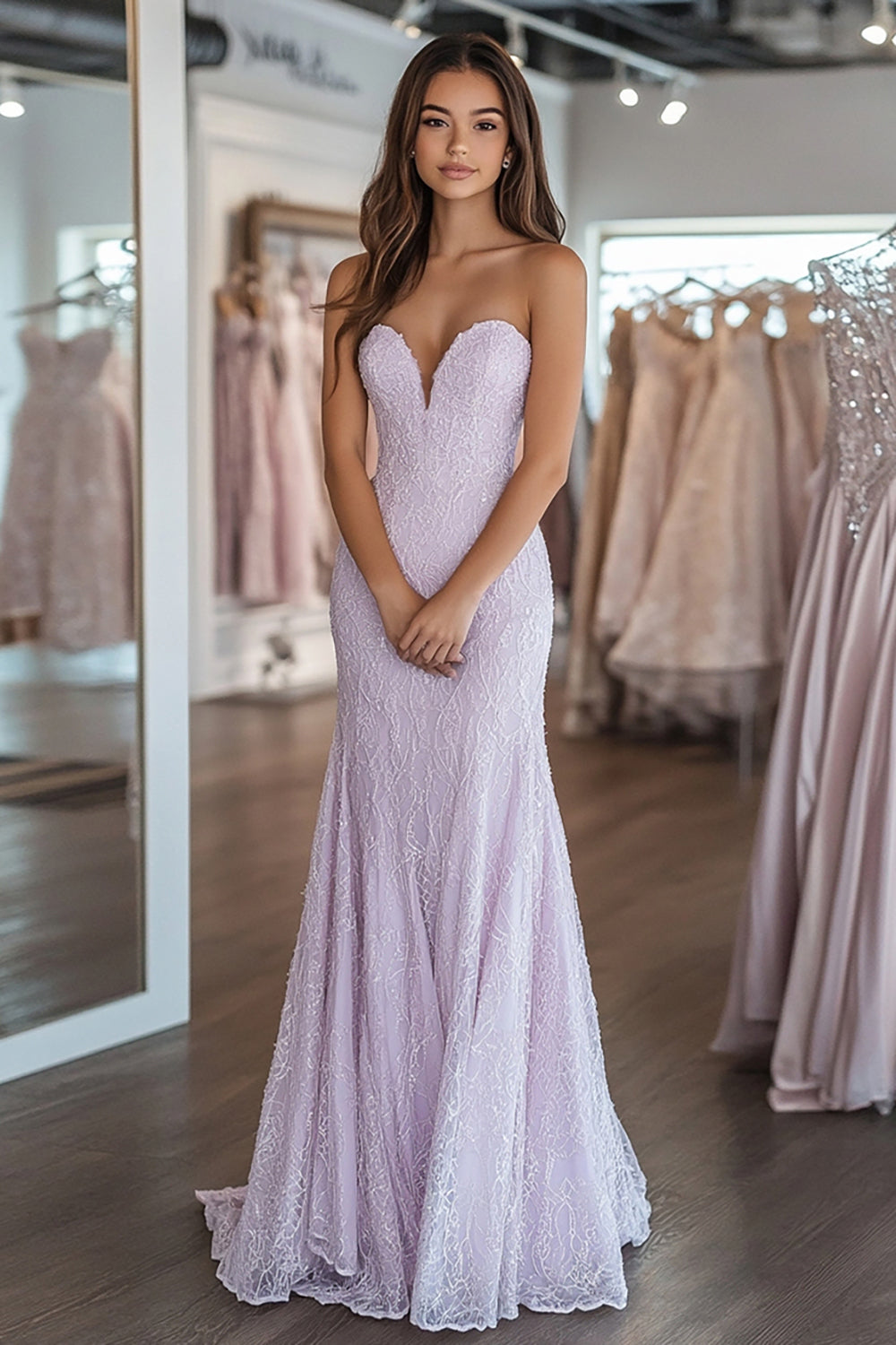 Long Sweetheart Prom Dress in Elegant Lilac Lace Mermaid Style