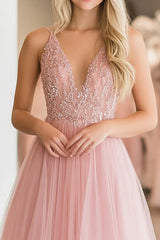 Long Pink A-Line Prom Dress with Elegant Tulle and Spaghetti Straps Featuring Appliques
