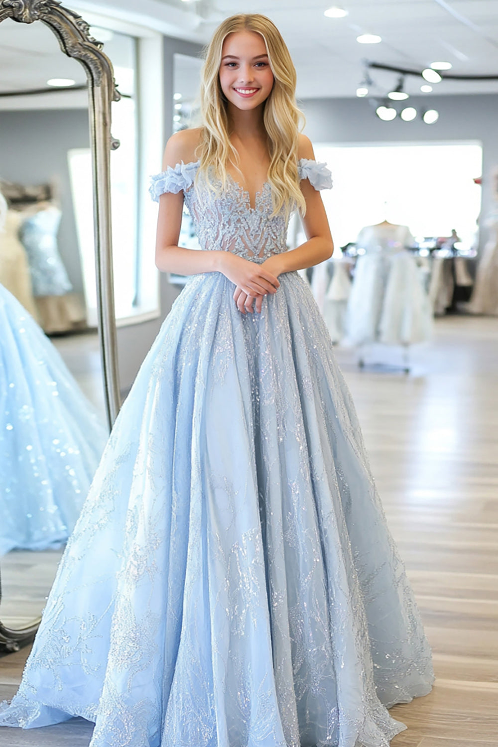 Off the Shoulder Sky Blue Long A-Line Prom Dress with Sparkly Sequined Tulle