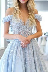 Off the Shoulder Sky Blue Long A-Line Prom Dress with Sparkly Sequined Tulle