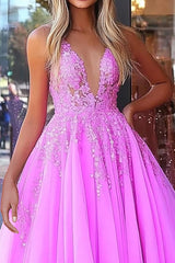 Long Fuchsia Prom Dress in A-Line Silhouette with Spaghetti Straps and Sequined Tulle Appliques