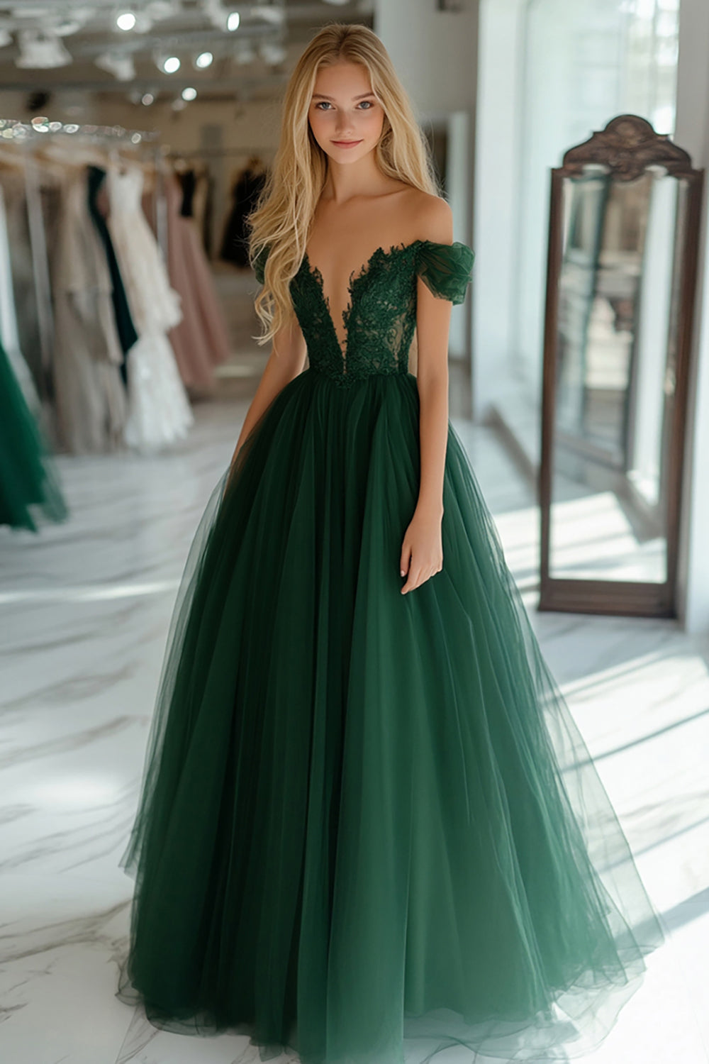Long Off-the-Shoulder Dark Green Prom Ball Gown with Laced Tulle Appliques