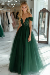 Long Off-the-Shoulder Dark Green Prom Ball Gown with Laced Tulle Appliques