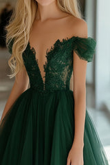Long Off-the-Shoulder Dark Green Prom Ball Gown with Laced Tulle Appliques