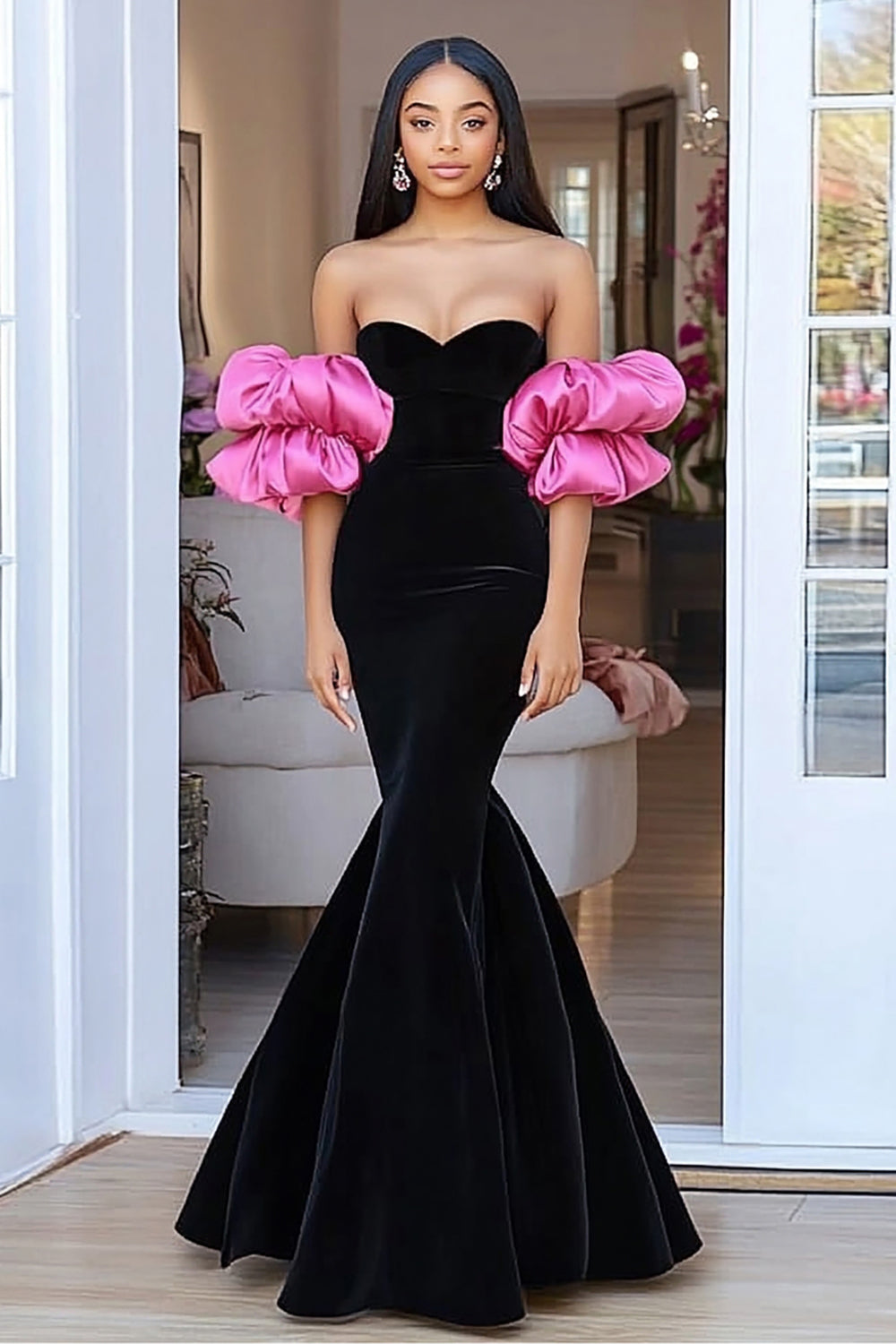 Long Prom Dress with Mermaid Silhouette in Black&Pink Strapless Off-Shoulder Design and Puff Sleeves