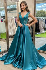 Long V-Neck Peacock Satin Prom Dress with Sparkly Floral Appliques in A-Line Wrap Style