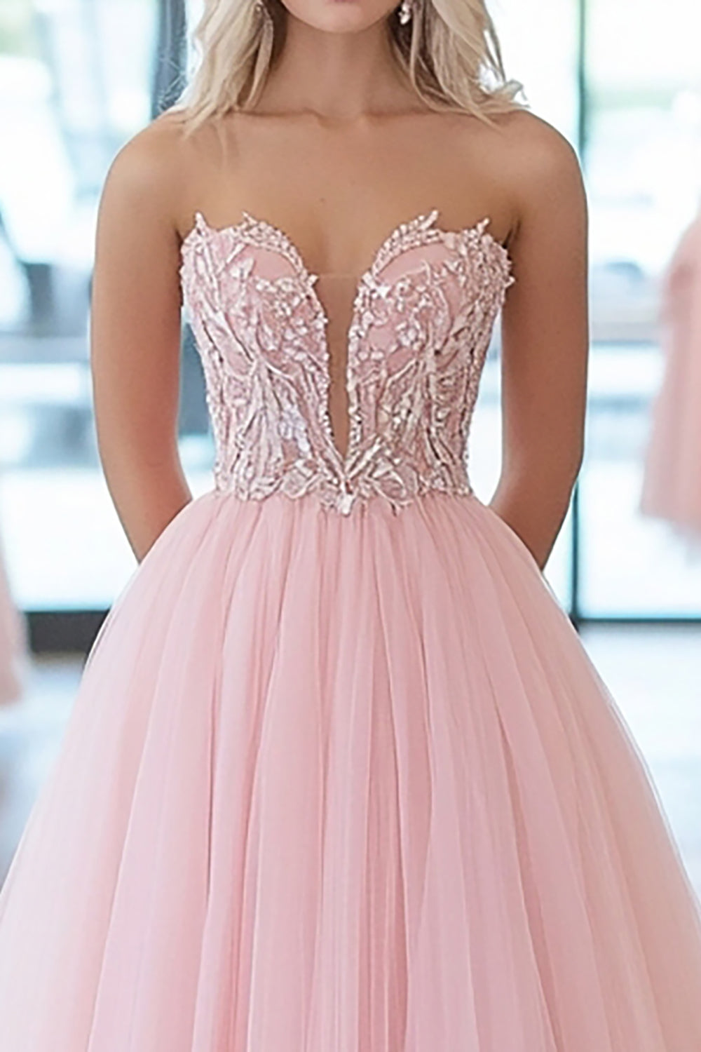 Strapless Pink Sparkly Tulle Ball Gown with Sequined A-Line Appliques