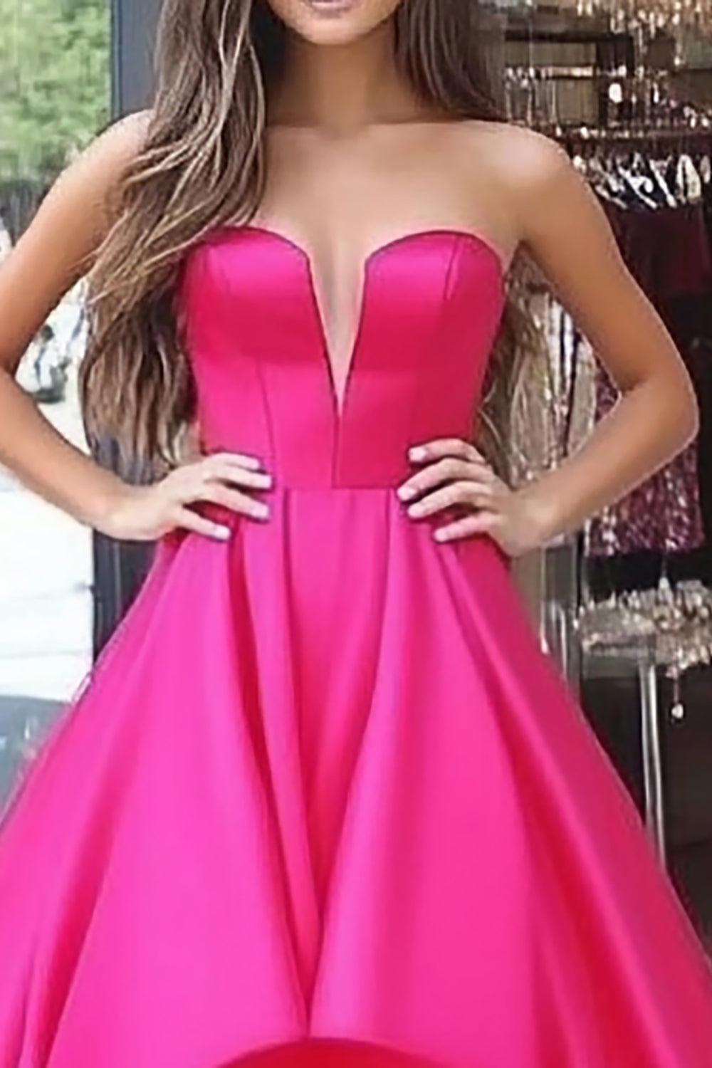 Strapless Fuchsia Ball Gown with Hi-Low A-Line Ruffle Tulle