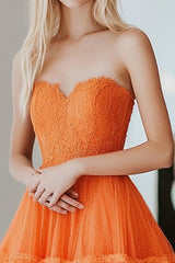 Long Strapless Prom Dress in Orange with A-Line Tulle Ruffles and Lace Appliques