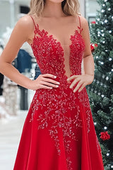 Long Red Satin Prom Dress with Sparkly Sequined Appliques and Spaghetti Straps in A-Line Style