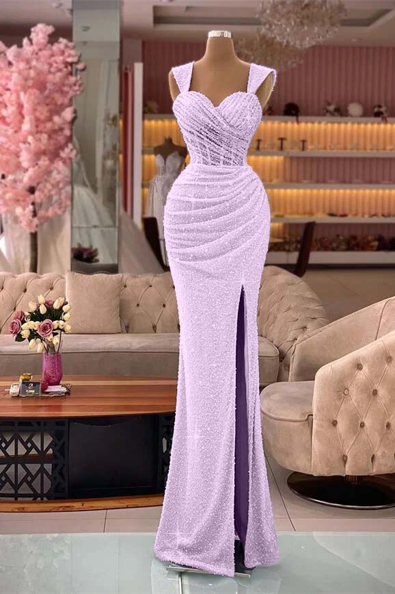 Classic Mermaid Sequins Sweetheart Split Straps Evening Dress With Pleated