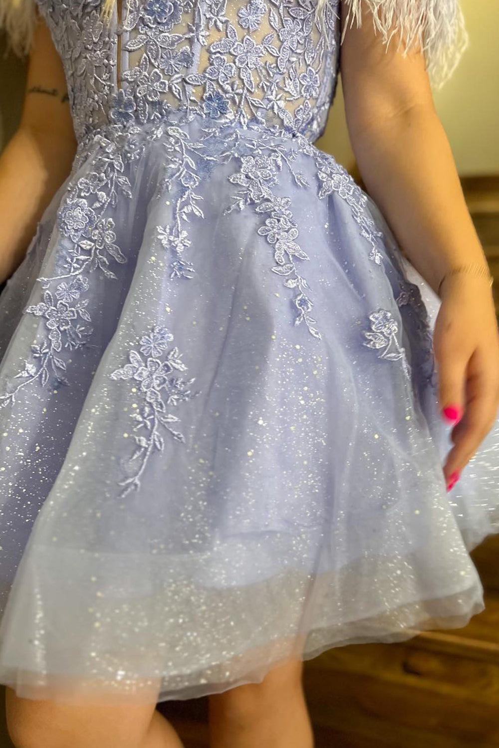 Sparkly Lavender Corset A-Line Lace Short Homecoming Dress/Mini Dress With Feathered Detachable Sleeves