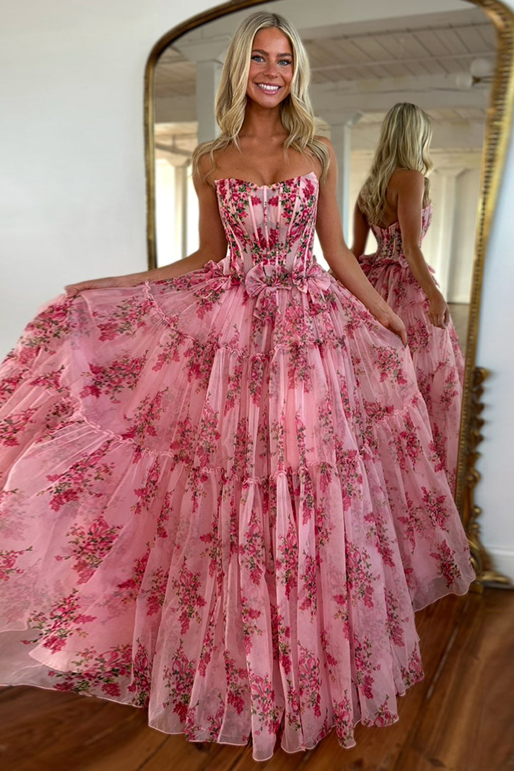 Strapless A Line Prom Dress in Blush with Floral Corset and Slit