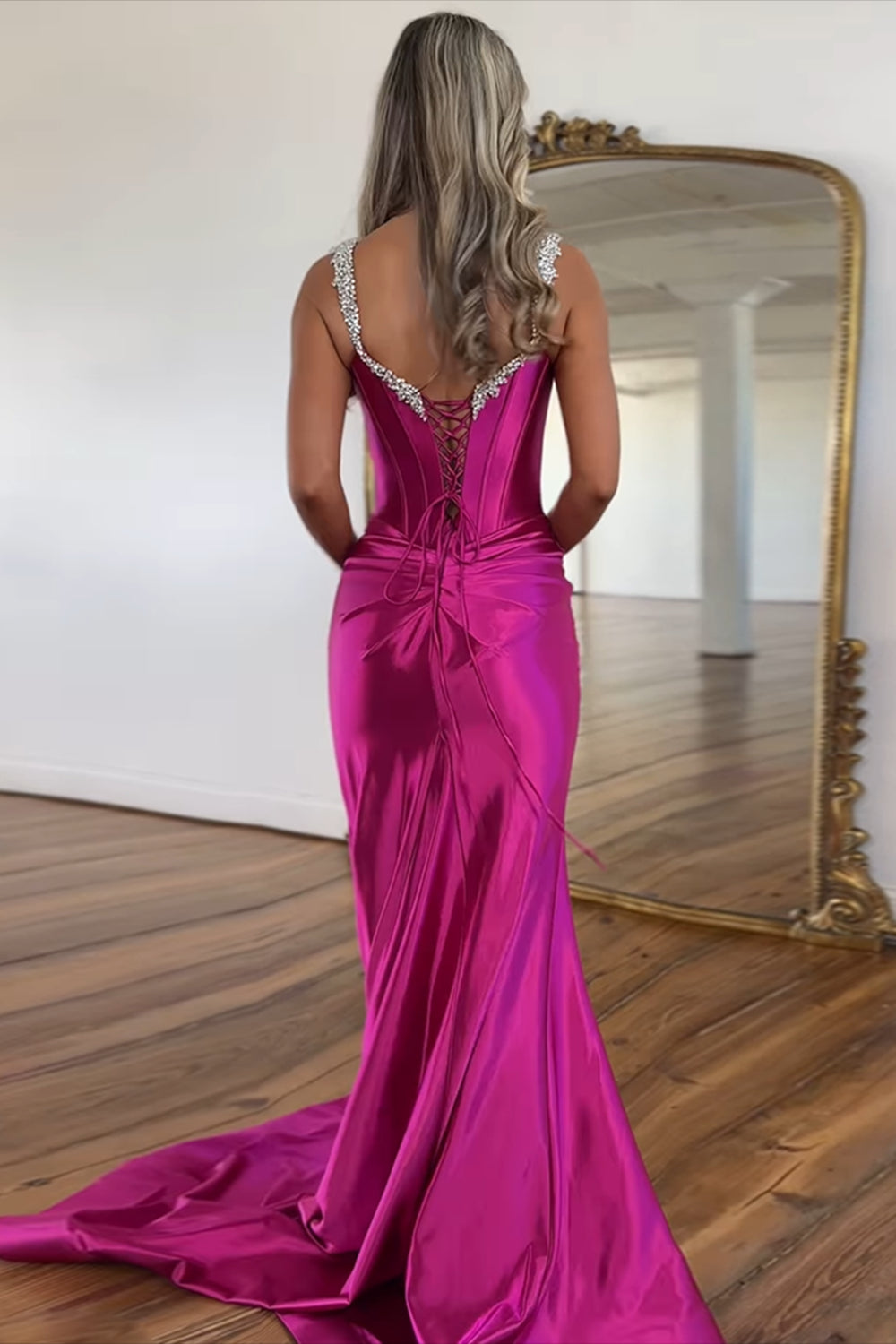 Long Mermaid Corset Prom Dress with Hot Pink Spaghetti Straps and Ruched Slit