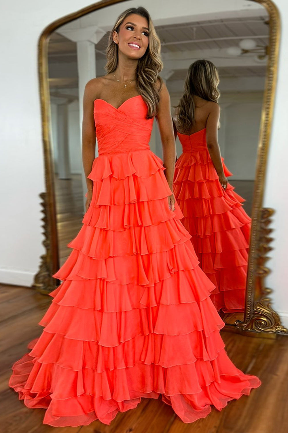 Long Tiered Prom Dress for a Sweetheart Princess in Orange