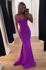 Deep V-Neck Backless Mermaid Prom Dress in Elegant Blue Satin with Spaghetti Straps
