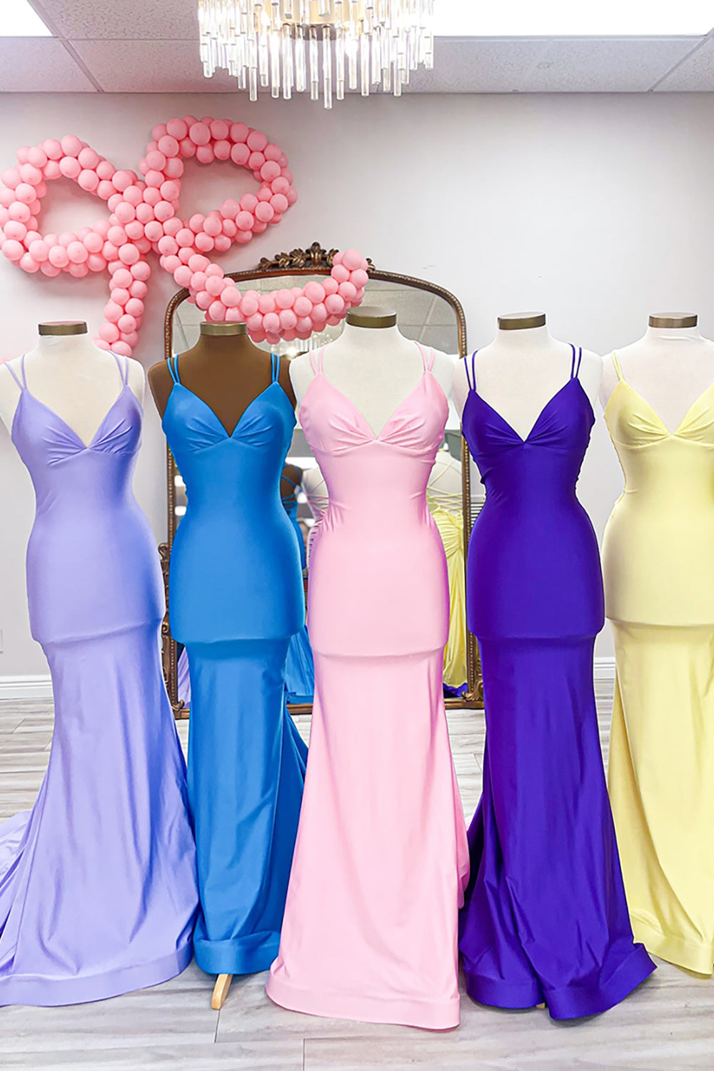 Deep V-Neck Backless Mermaid Prom Dress in Elegant Blue Satin with Spaghetti Straps