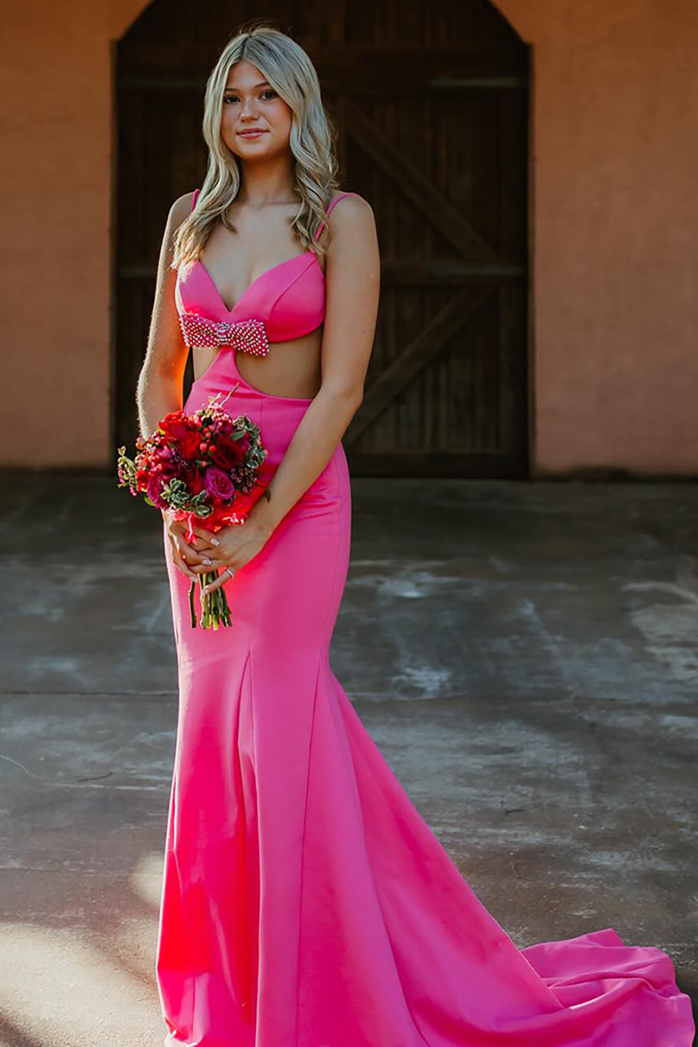Long Black Prom Dress with Spaghetti Straps Mermaid Cut-out Open Back and Bow