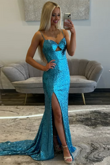 Long Mermaid Prom Dress in Sparkly Blue with Sequin Spaghetti Straps and Slit