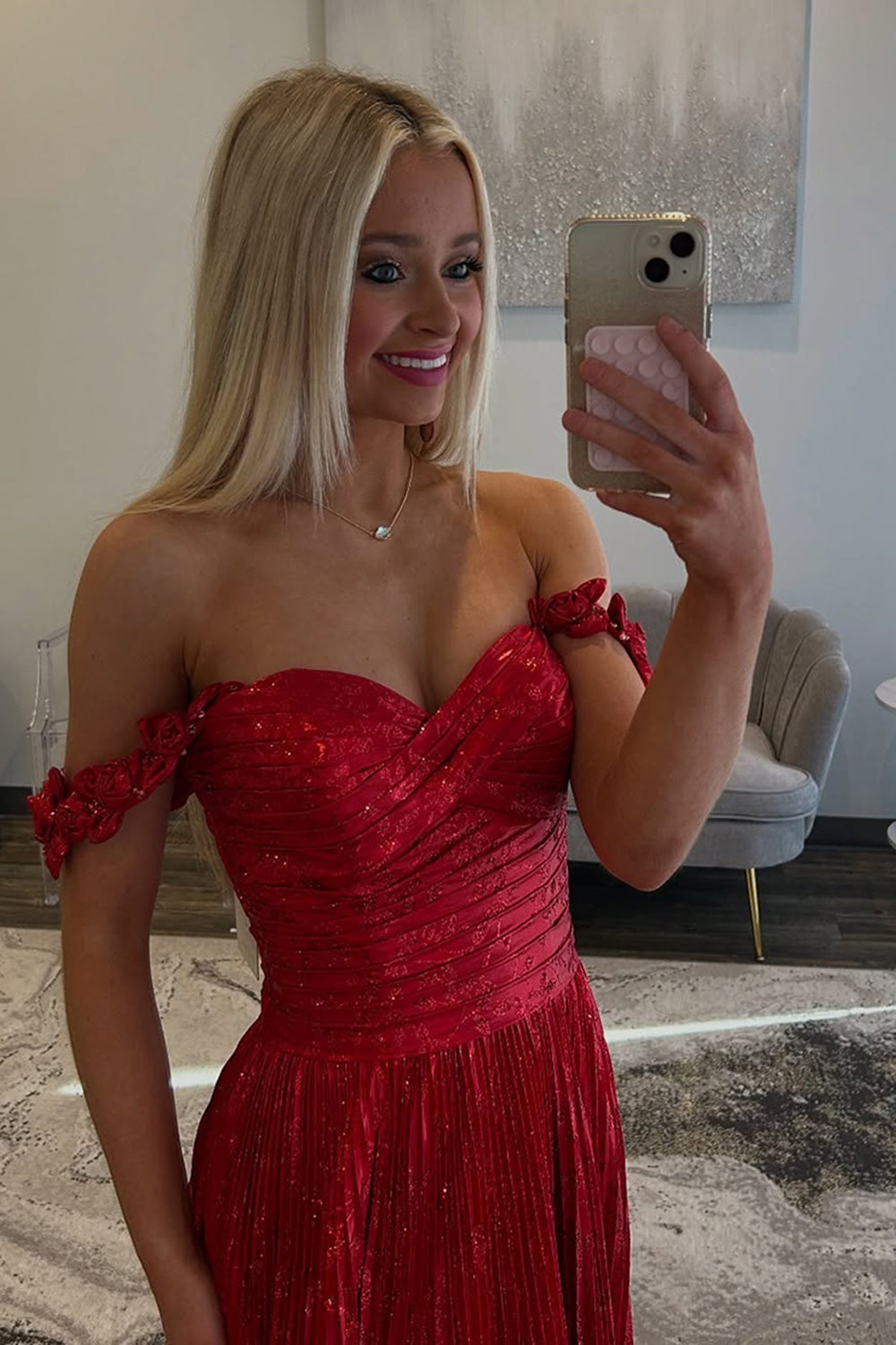 Long Pleated Red Prom Dress with Sparkly Off-The-Shoulder A-Line and Slit