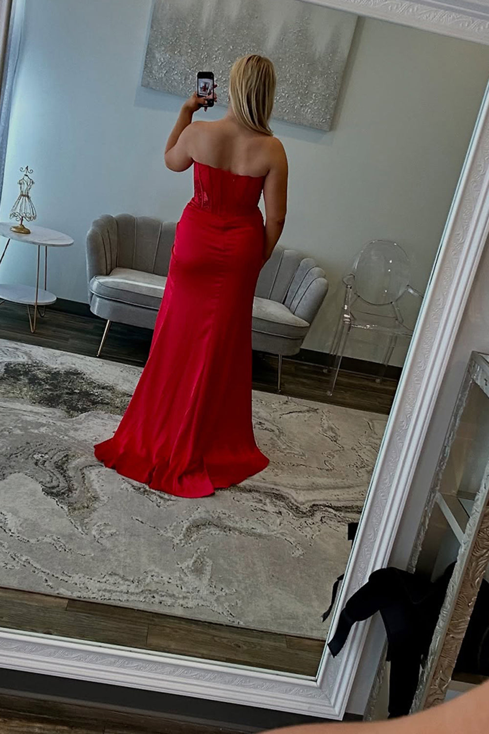 Long Satin Prom Dress in Red with Beading and Ruched Sweetheart Mermaid Design