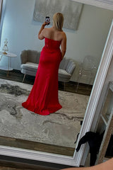 Long Satin Prom Dress in Red with Beading and Ruched Sweetheart Mermaid Design