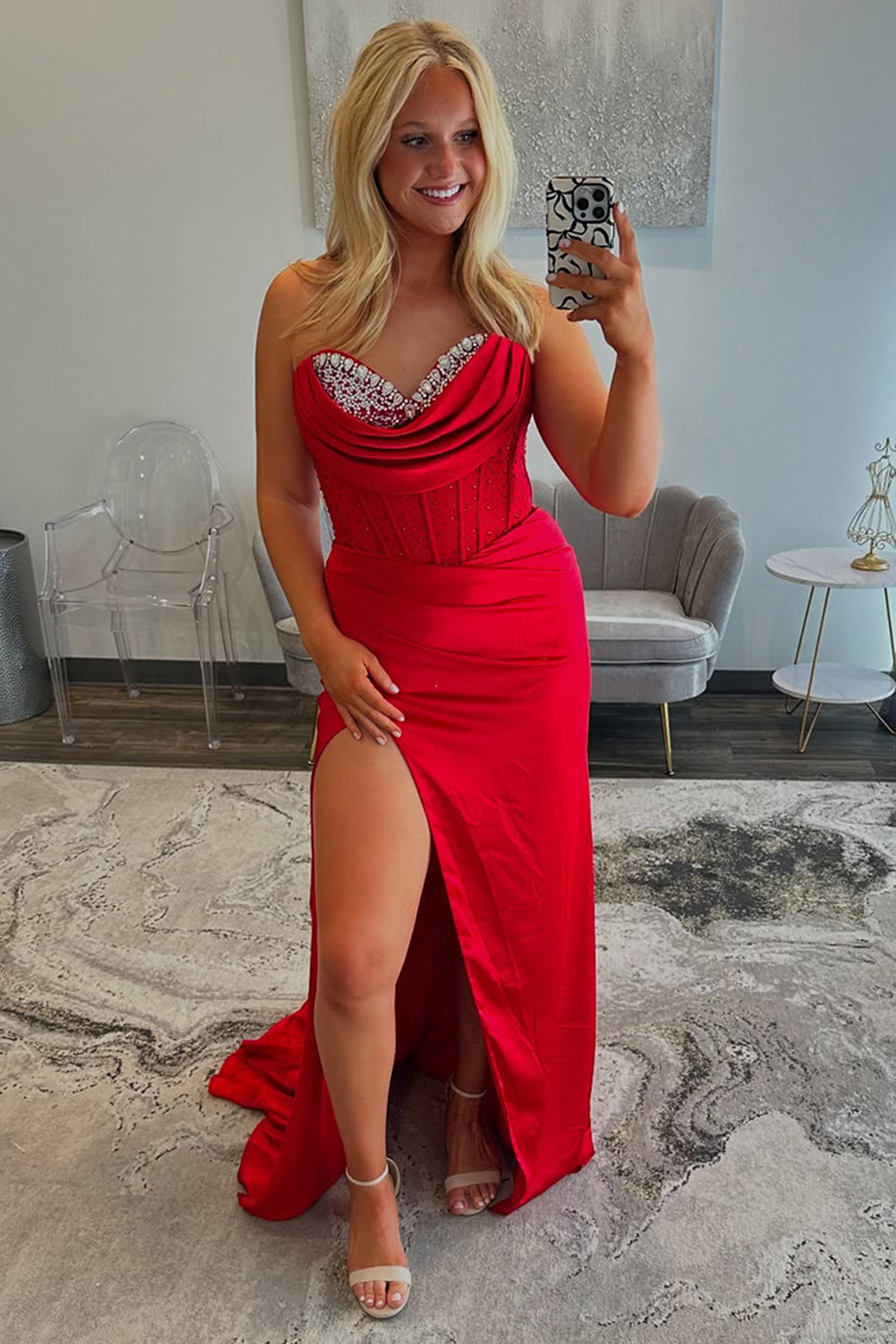 Long Satin Prom Dress in Red with Beading and Ruched Sweetheart Mermaid Design