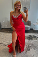Long Satin Prom Dress in Red with Beading and Ruched Sweetheart Mermaid Design