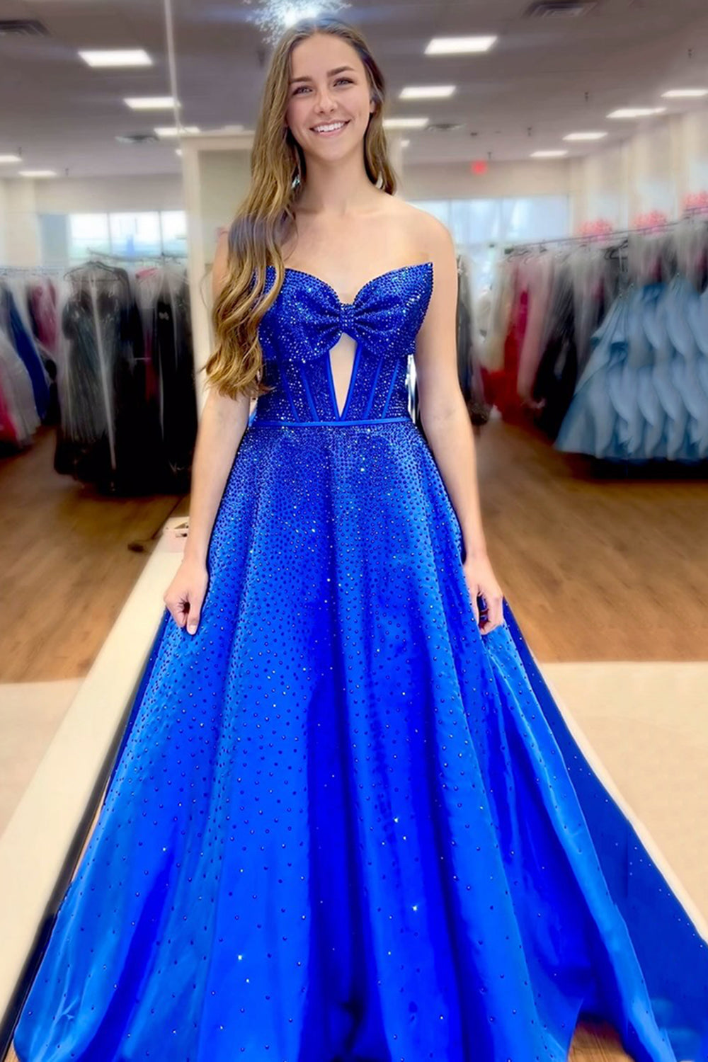 Long Beaded Fuchsia Princess Sweetheart Corset Dress with Prom Bow