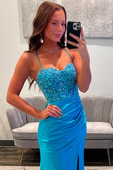 Long Satin Mermaid Prom Dress in Blue with Spaghetti Straps and Appliques