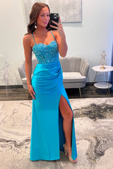 Long Satin Mermaid Prom Dress in Blue with Spaghetti Straps and Appliques