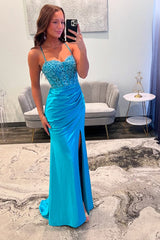 Long Satin Mermaid Prom Dress in Blue with Spaghetti Straps and Appliques