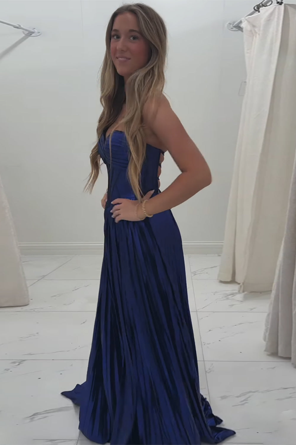 Metallic Pleated Long Corset Prom Dress in Royal Blue with Sweetheart Neckline and Slit