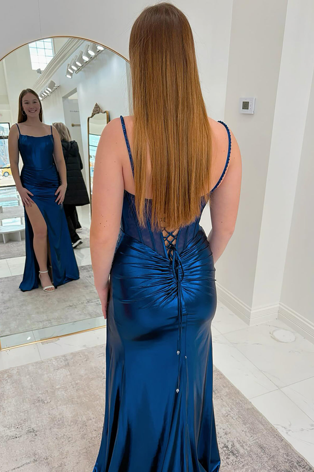 Long Gold Metallic Corset Prom Dress with Mermaid Silhouette and Spaghetti Straps