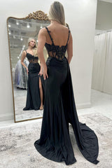 Long Mermaid Prom Corset Dress in Black Satin with Spaghetti Straps and Slit
