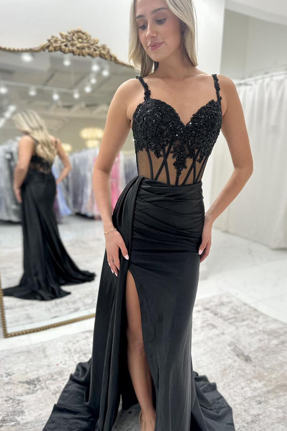 Long Mermaid Prom Corset Dress in Black Satin with Spaghetti Straps and Slit