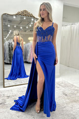 Long Mermaid Prom Corset Dress in Black Satin with Spaghetti Straps and Slit