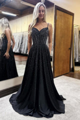Long A-Line Corset Prom Dress with Black Spaghetti Straps and Beading