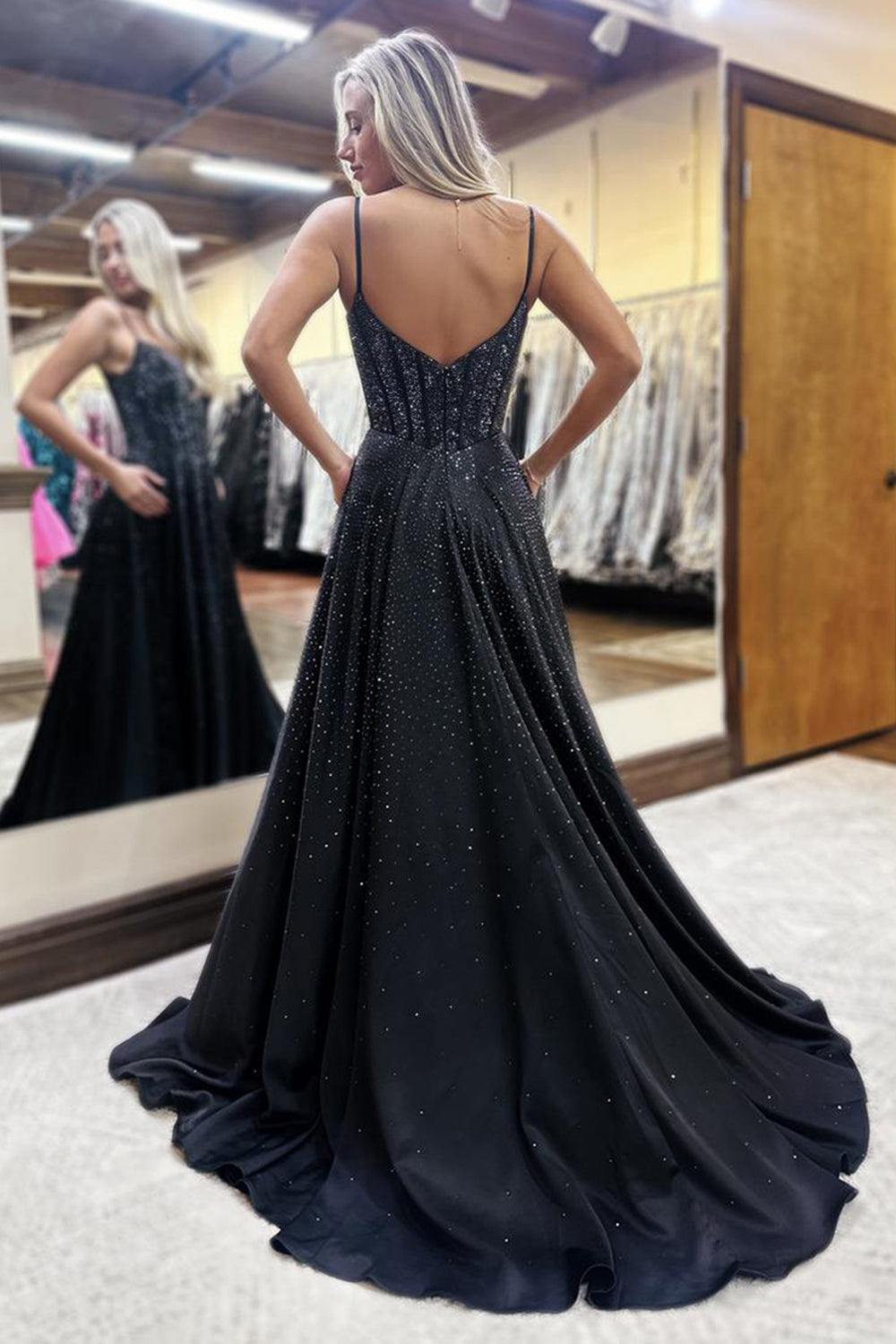 Long A-Line Corset Prom Dress with Black Spaghetti Straps and Beading