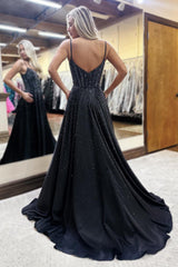 Long A-Line Corset Prom Dress with Black Spaghetti Straps and Beading