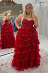 Long Strapless Princess Prom Dress in Dark Red with Ruffled Tulle and Slit