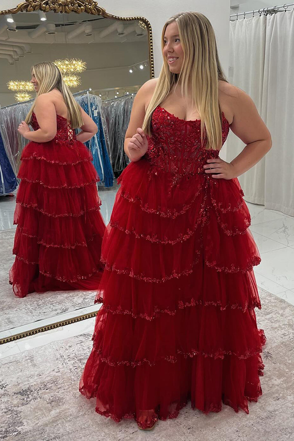 Long Strapless Princess Prom Dress in Dark Red with Ruffled Tulle and Slit