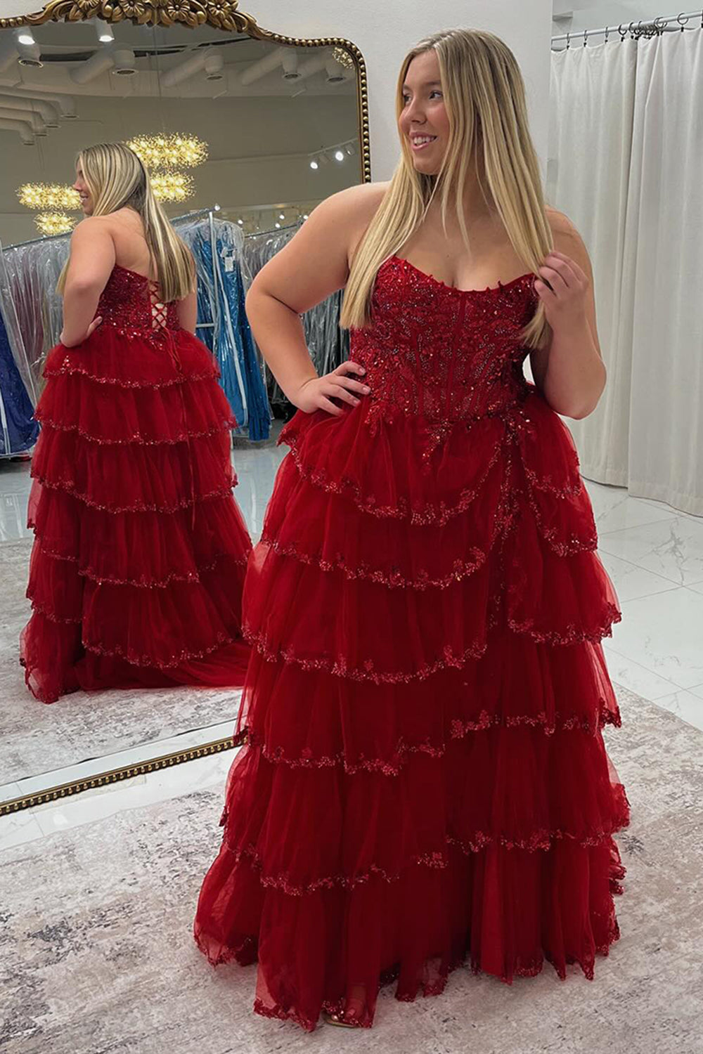 Long Strapless Princess Prom Dress in Dark Red with Ruffled Tulle and Slit