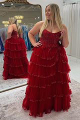 Long Strapless Princess Prom Dress in Dark Red with Ruffled Tulle and Slit