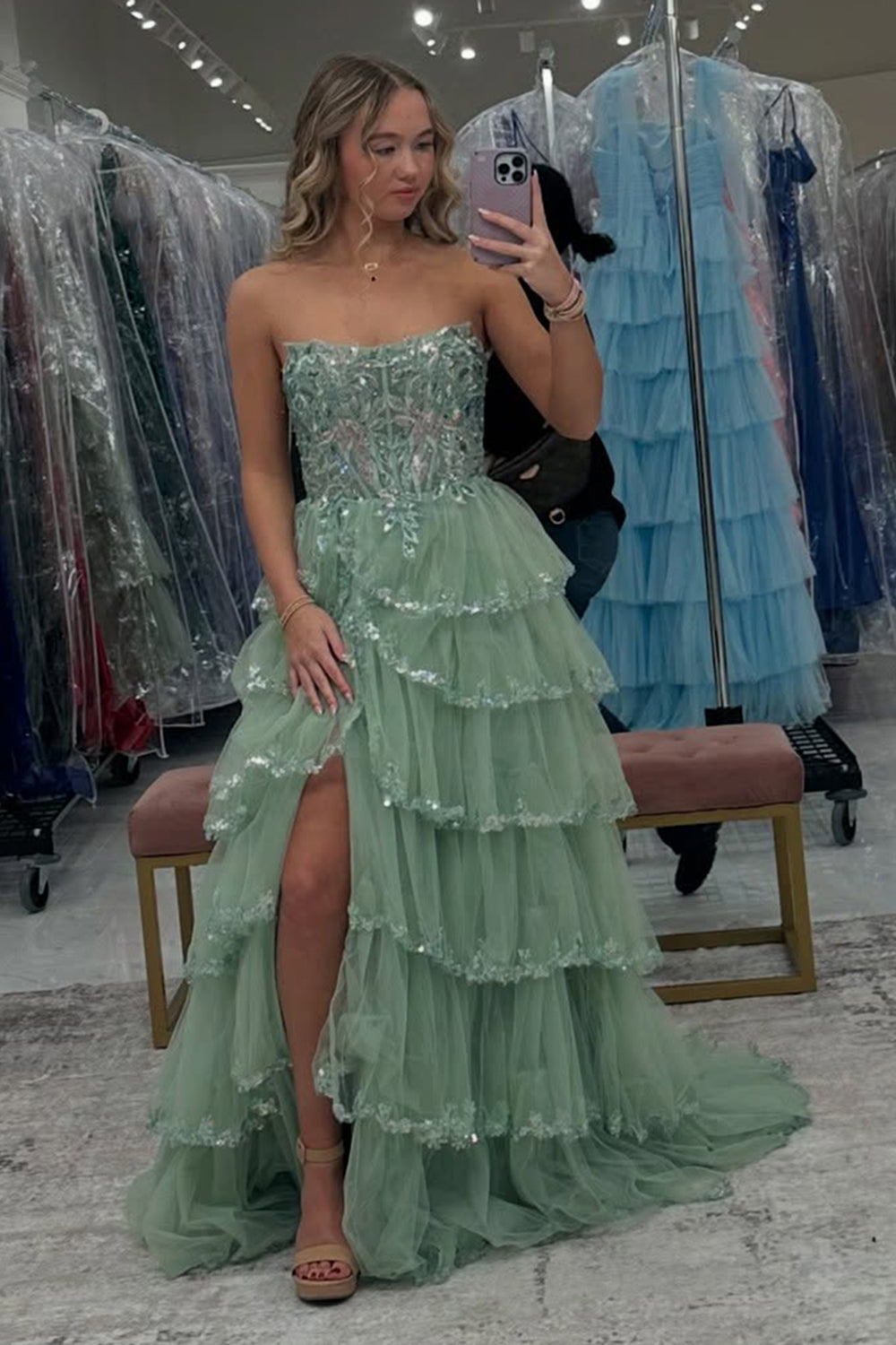 Long Strapless Princess Prom Dress in Dark Red with Ruffled Tulle and Slit