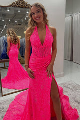 Long Corset Prom Dress in Pink with Halter Neck and Mermaid Slit